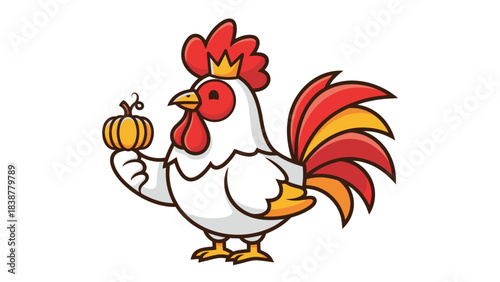 Cartoon rooster wearing a crown holds a pumpkin.