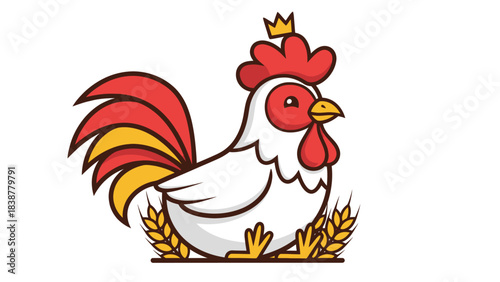 A cute cartoon rooster wearing a crown and sitting among wheat stalks.