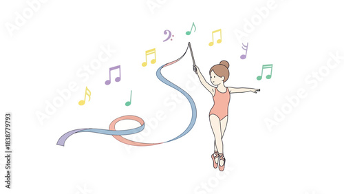 Young girl performing rhythmic gymnastics with a ribbon and musical notes