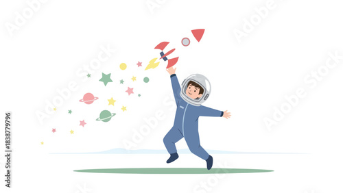 A child in an astronaut suit launches a rocket, dreaming of space.