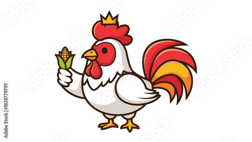 Happy cartoon rooster with crown holding an ear of corn