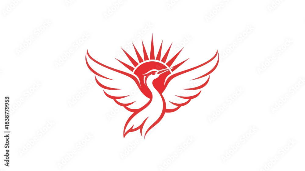 Fototapeta premium Stylized red flying bird logo with sunburst on white background.