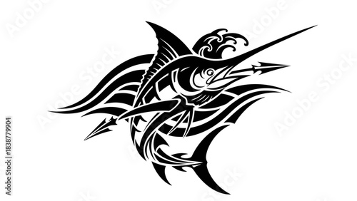 Tribal marlin fish with waves, black and white vector art
