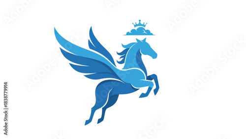 Blue winged horse with crown on a cloud