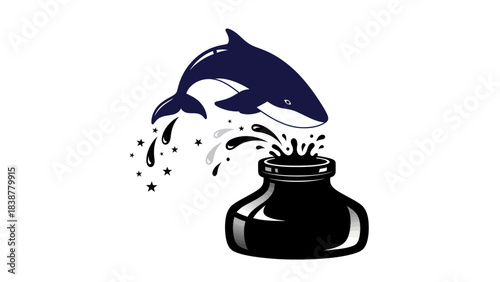 Whale jumping out of an ink bottle with stars