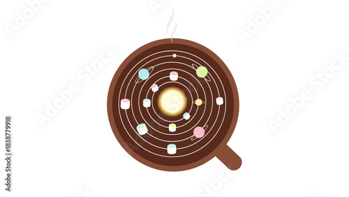 A whimsical hot chocolate drink with a sweet solar system of marshmallows and planets.