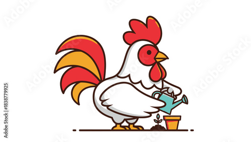 A cute rooster waters a small plant in a pot.