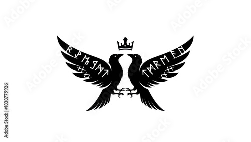 Viking raven emblem with runes and crown on white background