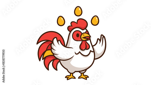 Funny cartoon chicken juggling golden eggs