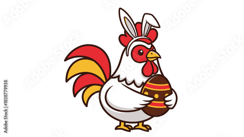 Cute Easter rooster cartoon wearing bunny ears and holding a decorated egg