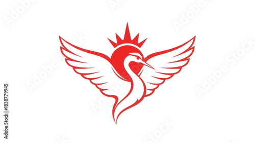 Elegant red crane with wings and crown logo on white background