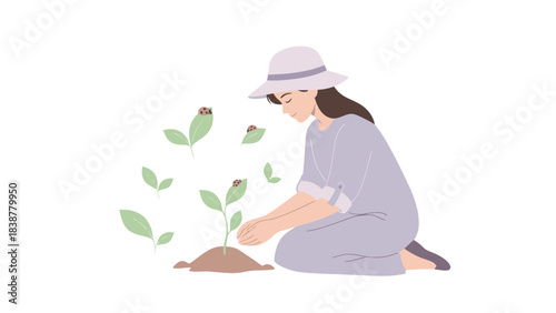 Woman gently planting a seedling in the garden with ladybugs around.
