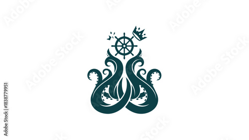 A powerful Kraken or octopus with a ship wheel and a crown, representing marine adventure.