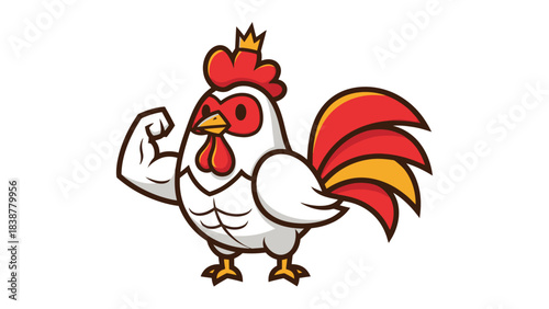Mighty cartoon rooster flexing its bicep with a crown on its head.