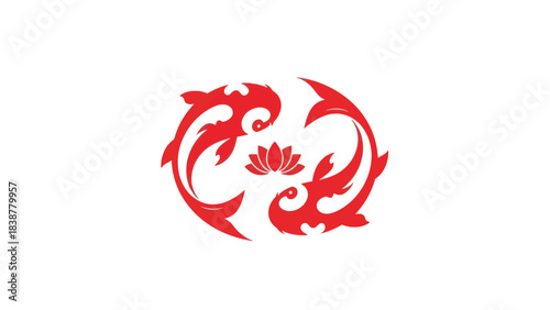 Red koi fish and lotus flower symbol vector design.