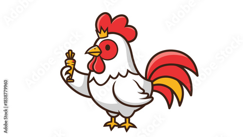 Cute cartoon rooster king character with a golden scepter.