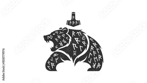 Viking bear with Thor's hammer and runic inscriptions