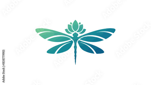 Stylized dragonfly with lotus flower head in gradient watercolor.