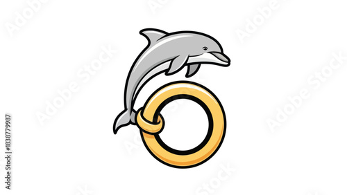 Cartoon dolphin jumping through a golden ring.