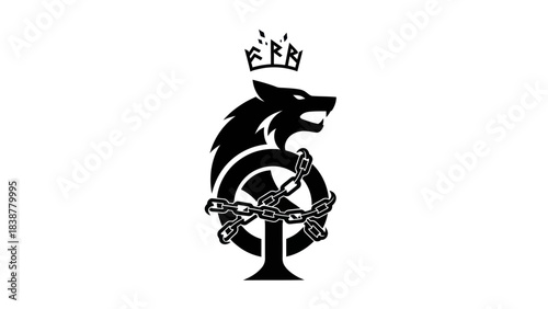 Stylized Wolf Head with Crown and Chains Emblem