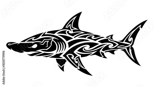 Stylized Tribal Shark Design Illustration in Black and White