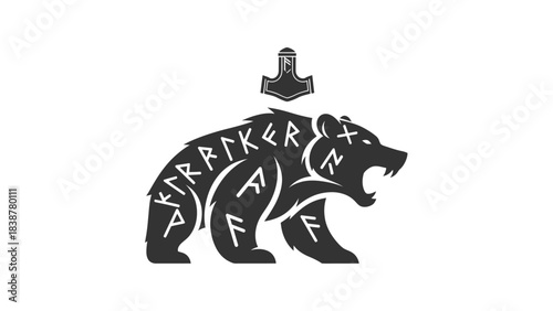 Norse mythology bear with runic symbols and Mjolnir on a white background