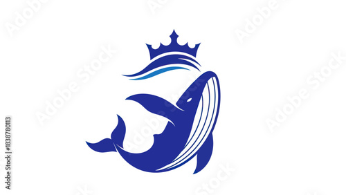 Blue whale wearing a crown and waves logo