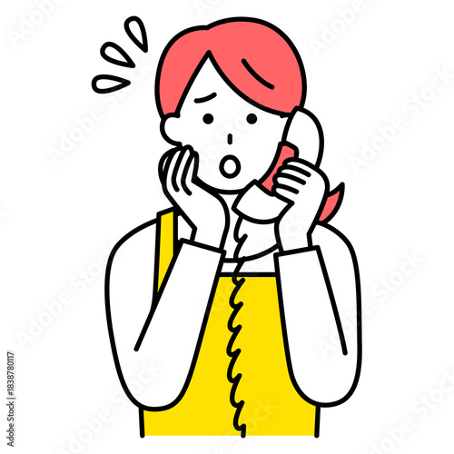 電話相談で困っているエプロン姿の女性