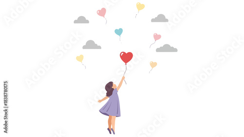 Girl reaching for heart balloon in a sky with clouds.