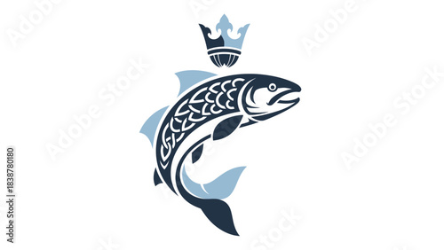 Royal Jumping Salmon Fish Logo with Crown Illustration