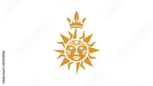 Golden sun with human face and crown, stylized solar symbol.