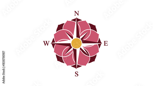 A stylized compass rose with floral elements and cardinal directions.