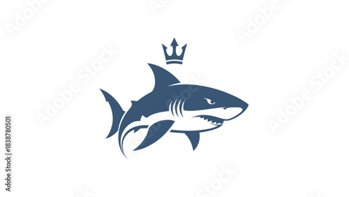Aggressive great white shark with trident crown logo.