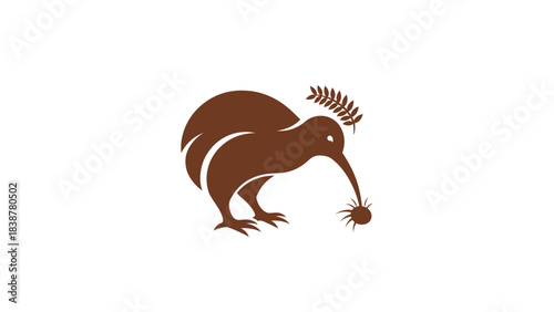 Stylized brown kiwi bird with plant and insect on white background
