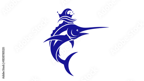 Stylized blue marlin with a crown and wave elements.