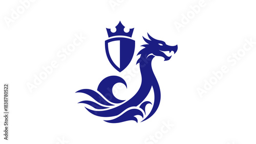 Stylized blue mythical sea dragon with shield and crown emblem design