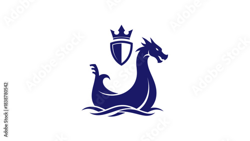 Blue dragon ship with crown and shield logo on white background