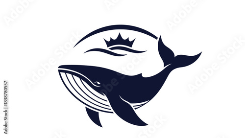 Stylized blue whale with a crown and ocean waves.