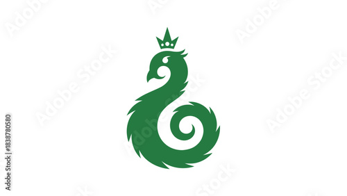 Green mythical bird with a crown, a stylized elegant logo.