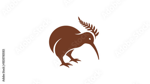 Brown kiwi bird with fern motif on white background