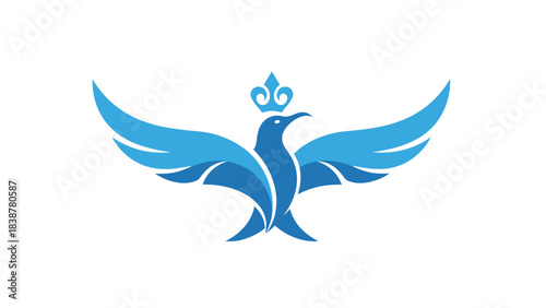 Blue majestic bird with a crown and spread wings logo.