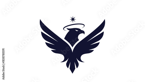 Majestic eagle with wings spread and halo above, symbolizing power and freedom.