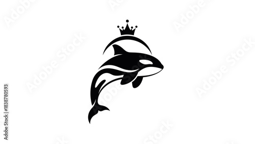 A regal killer whale with a crown, a majestic marine logo design.