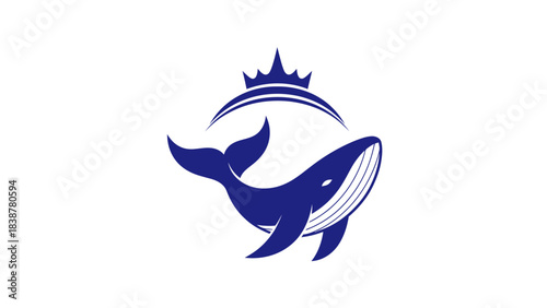 Majestic blue whale logo with a royal crown for ocean-themed branding.