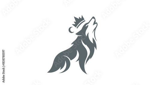 Regal crowned wolf howling with a crescent moon symbol.