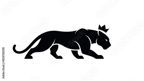 Black panther with a crown walking, isolated on white background.