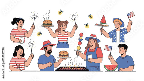 People celebrating summer holiday with barbecue, food and sparklers