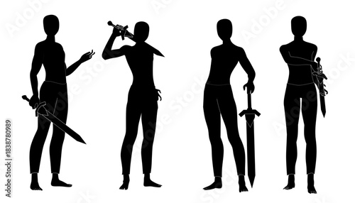 Sword-Wielding Human Silhouettes in Vector Style for Fantasy Art