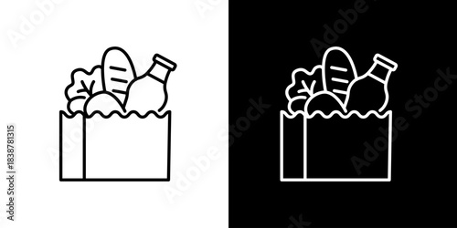 Paper grocery bag filled with food and drink, black and white outline icon  illustration