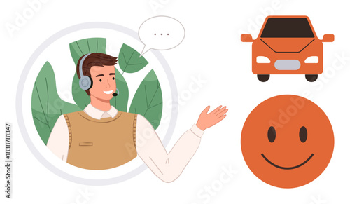 Smiling representative with a headset gesturing, surrounded by eco-friendly leaves, a car, and a happy. Ideal for customer service, communication, technology, efficiency, automotive eco-themed
